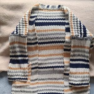 Knit cardigan, stripped white, yellow, grey and navy blue